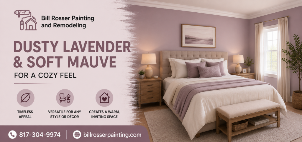 Dusty lavender and soft mauve bedroom paint colors create a cozy and relaxing atmosphere in a modern Texas home by Bill Rosser Painting and Remodeling