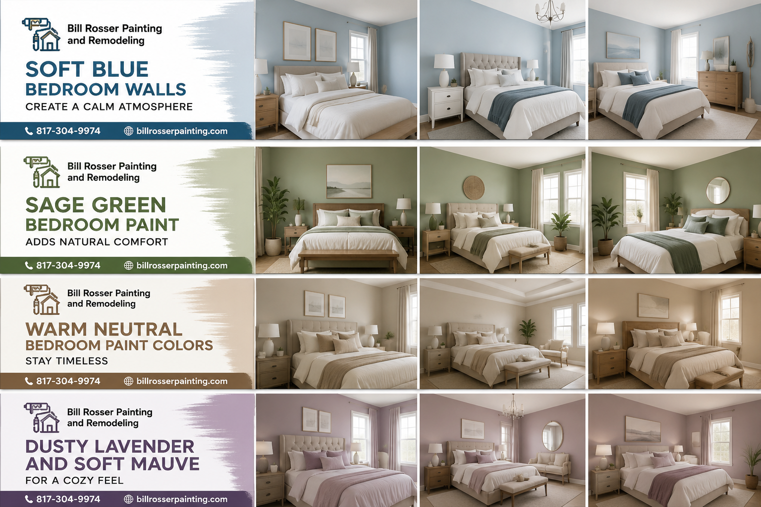 Relaxing bedroom wall colors including soft blue, sage green, warm neutrals, and dusty lavender designed for better sleep and comfort in Texas homes by Bill Rosser Painting and Remodeling.