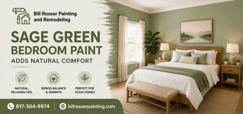 Sage green bedroom paint creating a natural and relaxing atmosphere in a modern Texas home by Bill Rosser Painting and Remodeling