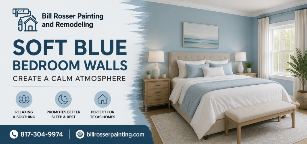 Soft blue bedroom walls designed for a calm and relaxing atmosphere in a Texas home by Bill Rosser Painting and Remodeling