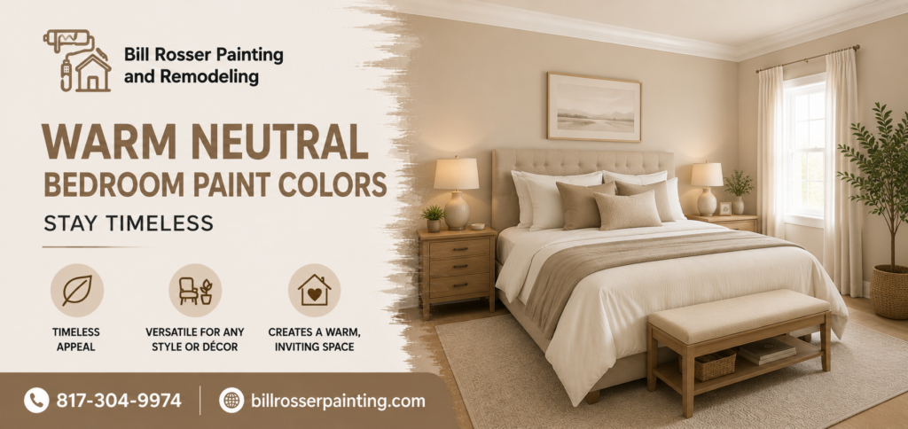 Warm neutral bedroom paint colors creating a timeless and cozy atmosphere in a Texas home by Bill Rosser Painting and Remodeling