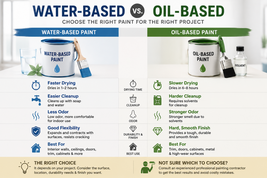 Water-based vs oil-based paint comparison showing key differences and ideal uses.